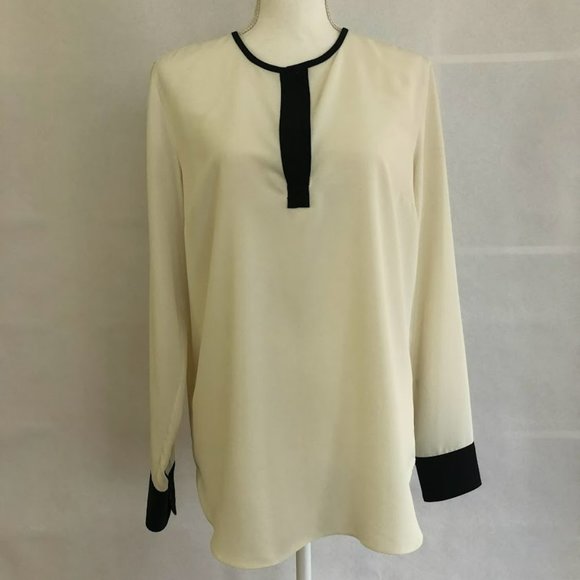 Lauren Ralph Lauren Women's Medium Split Neck Blouse White with Black Trim - Picture 1 of 7